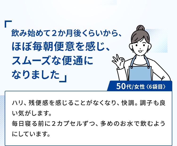 飲み始めて2か月後くらいから、ほぼ毎朝便意を感じ、スムーズな便通に なりました