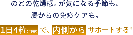 のどの乾燥感が気になる季節も、腸からの免疫ケアも。1日4粒（目安）で、内側からサポートする！