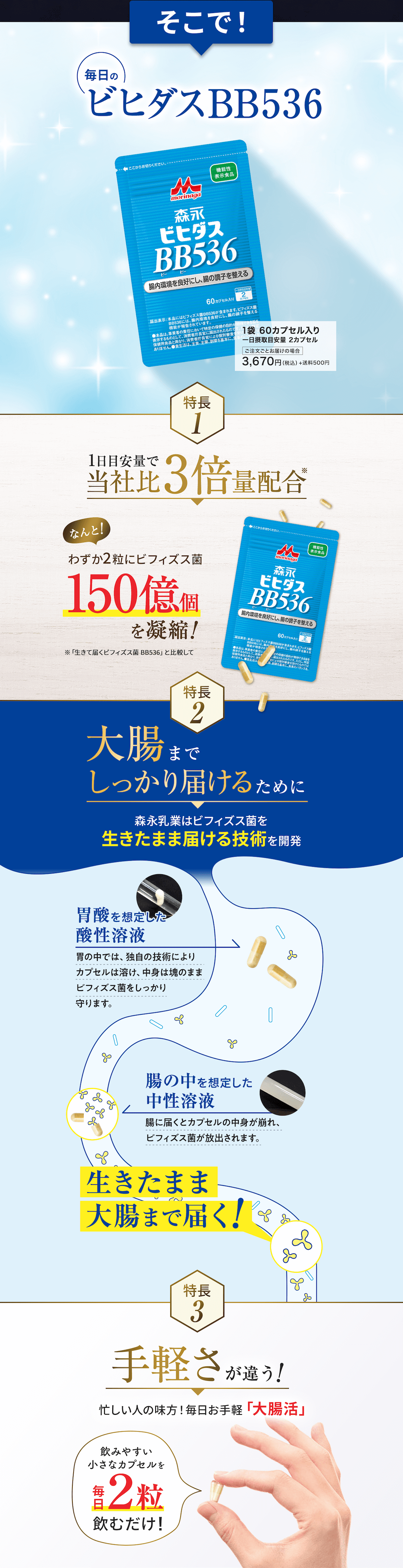 そこで! 毎日のビヒダスBB536 1袋60カプセル入り 一日摂取目安量 2カプセル ご注文ごとお届けの場合 3,670円(税込)+送料500円 特長1:1日目安量で当社比3倍量配合 ※「生きて届くビフィズス菌 BB536」と比較して なんと!わずか2粒にビフィズス菌150億個を凝縮! 特長2:大腸までしっかり届けるために森永乳業はビフィズス菌を生きたまま届ける技術を開発 「胃酸を想定した酸性溶液」胃の中では、独自の技術によりカプセルは溶け、中身は塊のままビフィズス菌をしっかり守ります。 「胃の中を想定した中性溶液」腸に届くとカプセルの中身が崩れ、ビフィズス菌が放出されます。 生きたまま大腸まで届く! 特長3:手軽さが違う! 忙しい人の味方!毎日お手軽「大腸活」 飲みやすい小さなカプセルを毎日2粒飲むだけ!