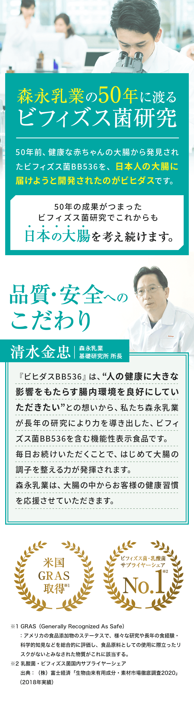 森永乳業の50年に渡るビフィズス菌研究 50年前、健康な赤ちゃんの大腸から発見されたビフィズス菌BB536を、日本人の大腸に届けようと開発されたのがビヒダスです。 50年の成果がつまったビフィズス菌研究でこれからも日本の大腸を考え続けます。 品質・安全へのこだわり 清水金忠|森永乳業 基礎研究所 所長 『ビヒダスBB536』は、“人の健康に大きな影響をもたらす腸内環境を良好にしていただきたい”との想いから、私たち森永乳業が長年の研究により力を導き出した、ビフィズス菌BB536を含む機能性表示食品です。 毎日お続けいただくことで、はじめて大腸の調子を整える力が発揮されます。 森永乳業は、大腸の中からお客様の健康習慣を応援させていただきます。 米国GRAS取得 ※1 GRAS(Generally Recognized As Safe):アメリカの食品添加物のステータスで、様々な研究や長年の食経験・科学的知見などを総合的に評価し、食品原料としての使用に際立ったリスクがないとみなされた物質がこれに該当する。 ビフィズス菌・乳酸菌サプライヤーシェアNo.1 ※2 乳酸菌・ビフィズス菌国内サプライヤーシェア 出典:(株)富士経済「生物由来有用成分・素材市場徹底調査2020」(2018年実績)