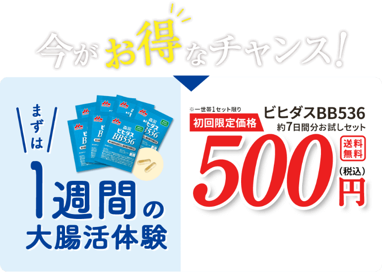 今がお得なチャンス! まずは1週間の大腸活体験 ※一世帯1セット限り 初回限定価格 ビヒダスBB536 約7日間分お試しセット 500円(税込) 送料無料