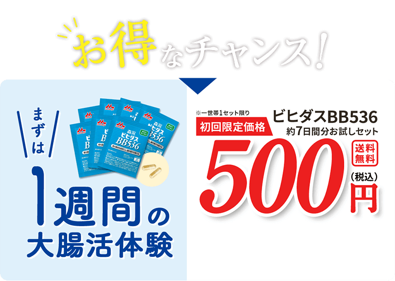 今がお得なチャンス! まずは1週間の大腸活体験 ※一世帯1セット限り 初回限定価格 ビヒダスBB536 約7日間分お試しセット 500円(税込) 送料無料