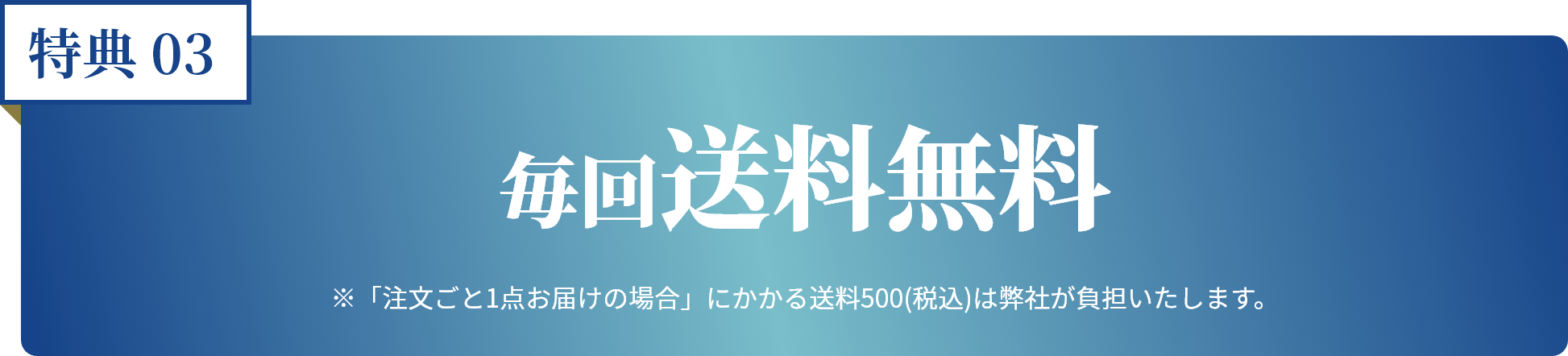 特典03 毎回送料無料 ※「注文ごと1点お届けの場合」にかかる送料500(税込)は弊社が負担いたします。